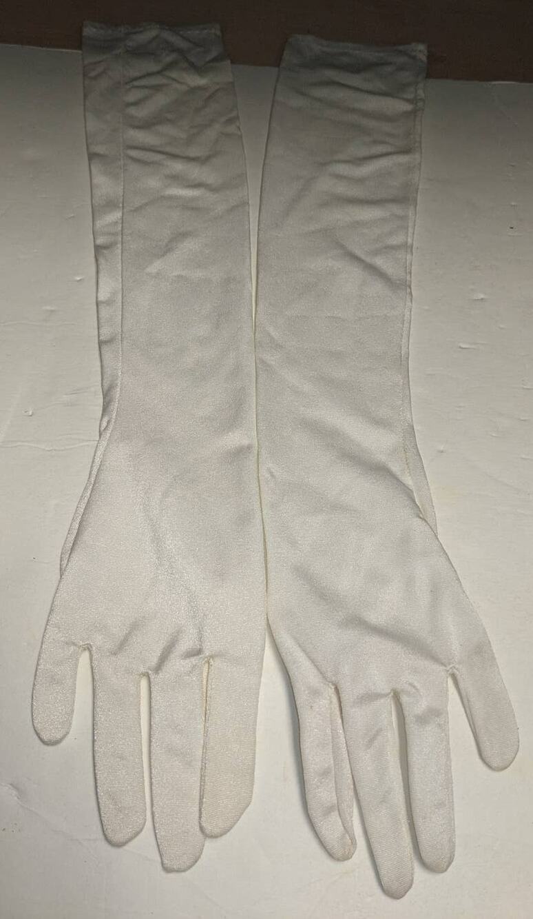 Vintage White Satin Texture Dinner Opera Gloves 20" Unknown Brand Size 5 or 6